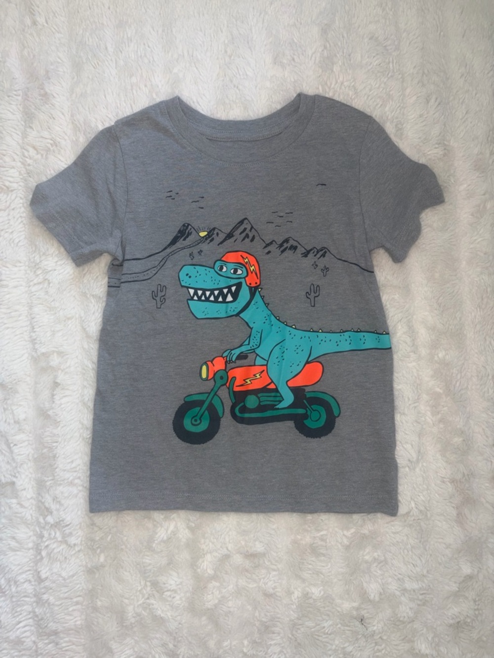 Cat & Jack Boys Dinosaur Graphic Tee Gray 4T Toddler Dino Motorcycle Shirt
